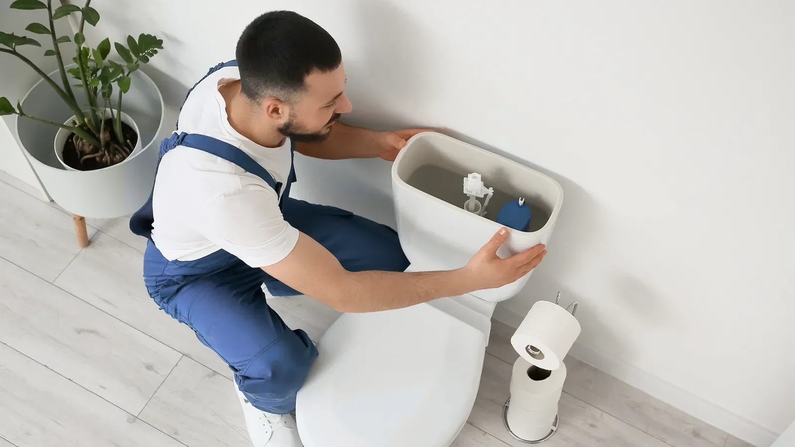 Técnico realizando a troca de uma Caixa Acoplada Deca